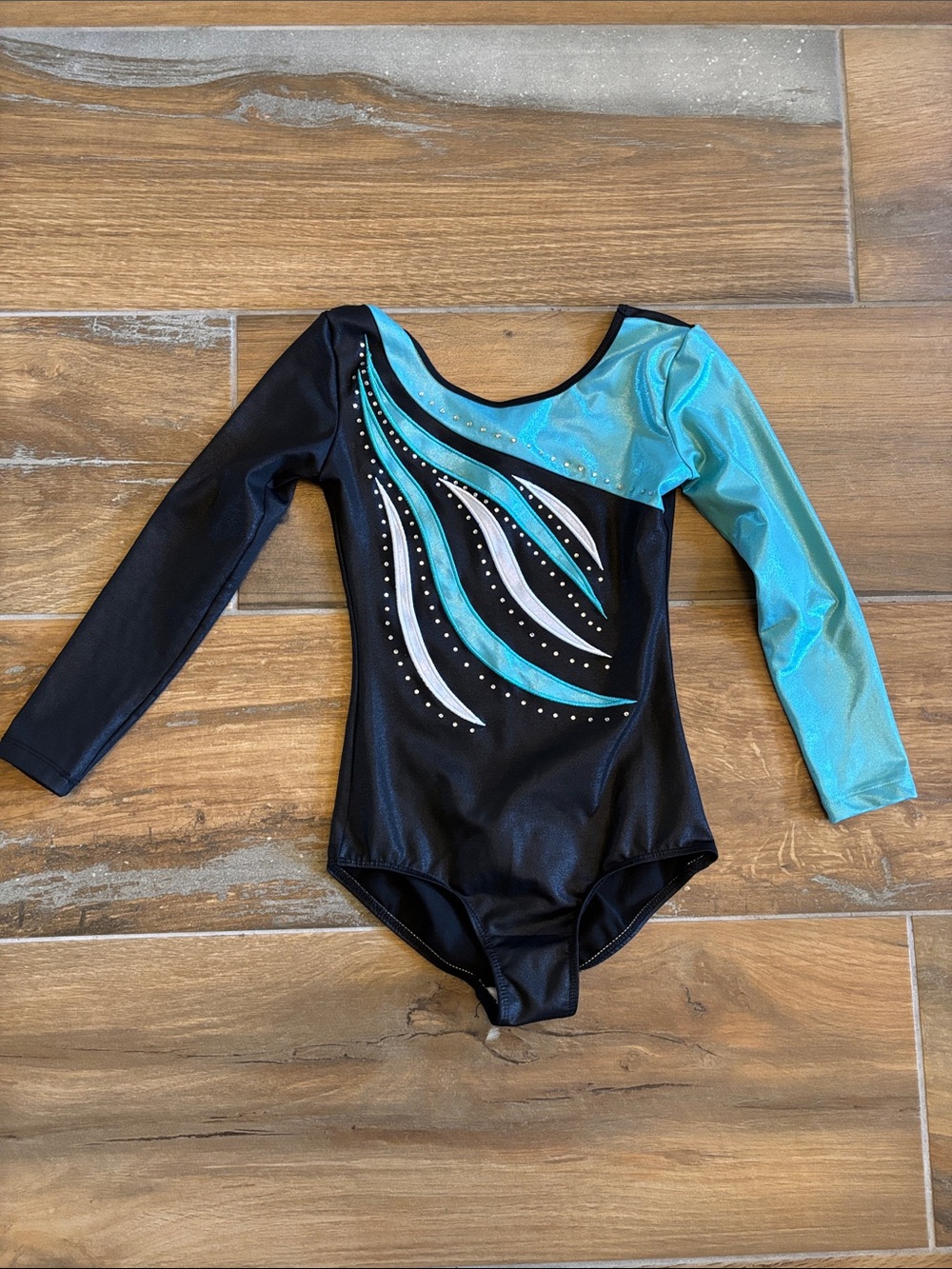 Black and Teal Long Sleeve Dance/Gymnastics/Skate Leotard with Swirl Accents